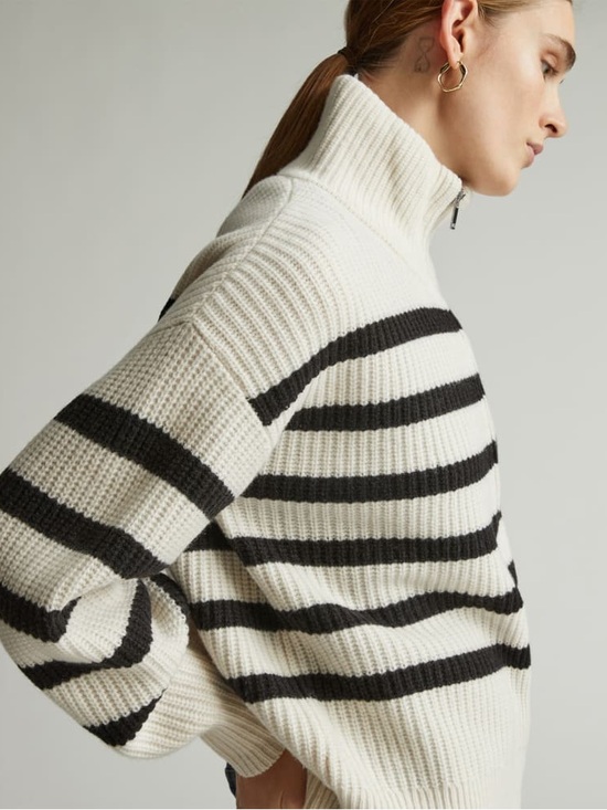 Everlane The Half-Zip Sweater in Luxe Merino Wool Sz Small Cream & Black Stripe - Picture 2 of 14